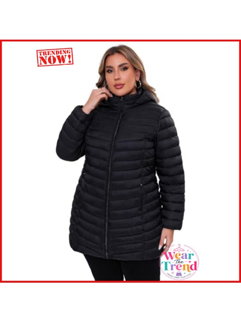Plus Size Packable Hooded Puffer Jacket Thigh Length Quilted Cold Weather